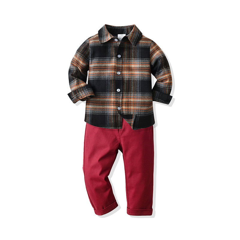 2 Pieces Set Kid Boys Checked Shirts And Solid Color Pants Wholesale 211109351