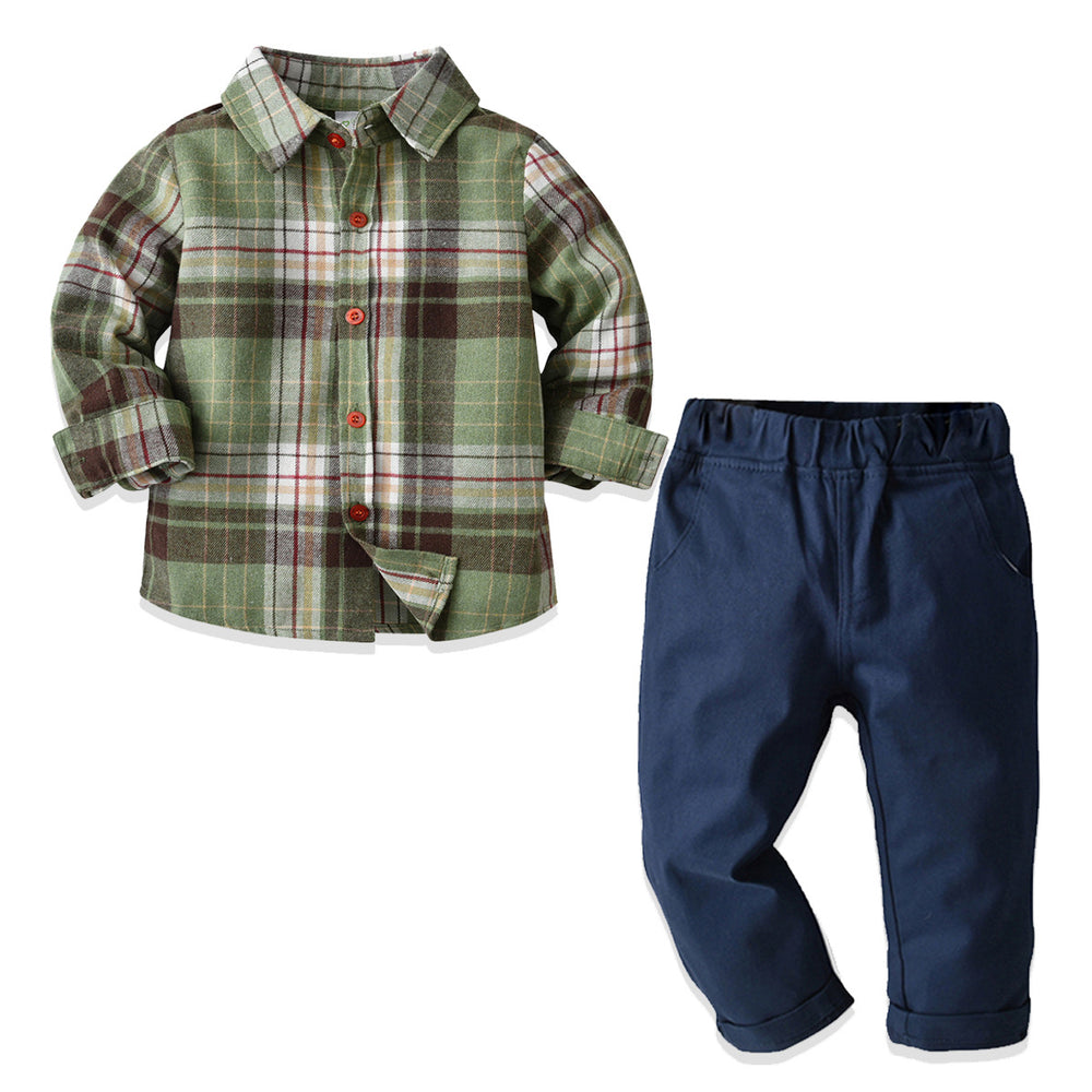 2 Pieces Set Kid Boys Checked Shirts And Solid Color Pants Wholesale 211109358