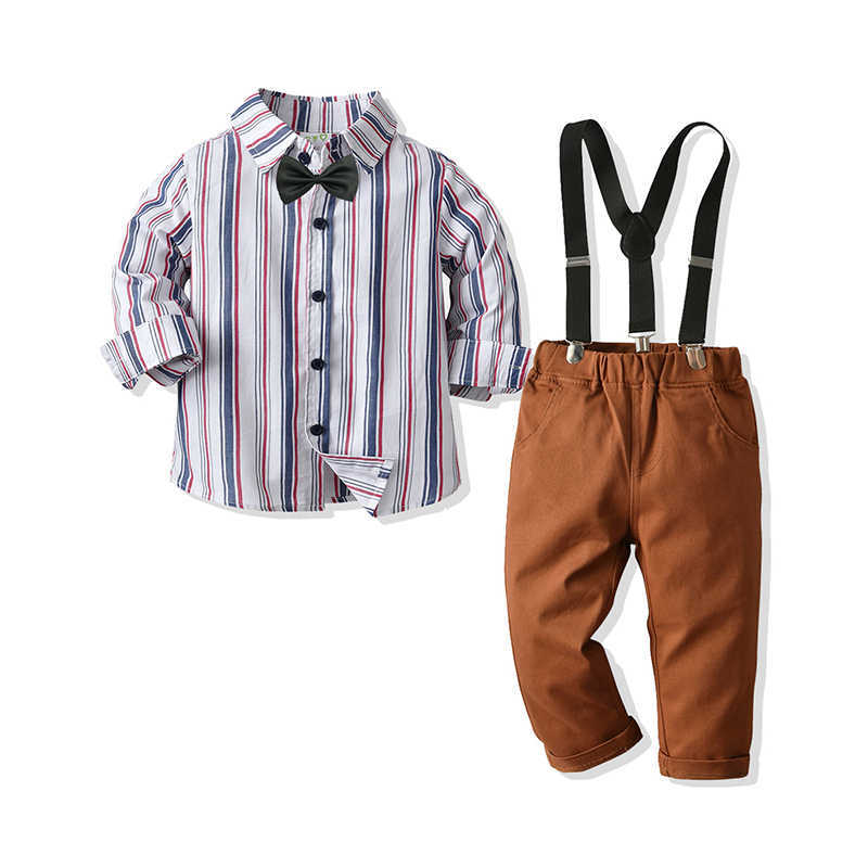 2 Pieces Set Kid Boys Striped Bow Shirts And Solid Color Pants Wholesale 211109362