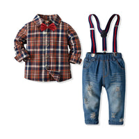 Load image into Gallery viewer, 2 Pieces Set Kid Boys Checked Bow Shirts And Ripped Jeans Wholesale 211109368
