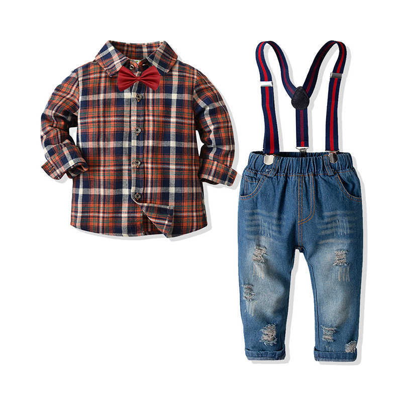2 Pieces Set Kid Boys Checked Bow Shirts And Ripped Jeans Wholesale 211109368