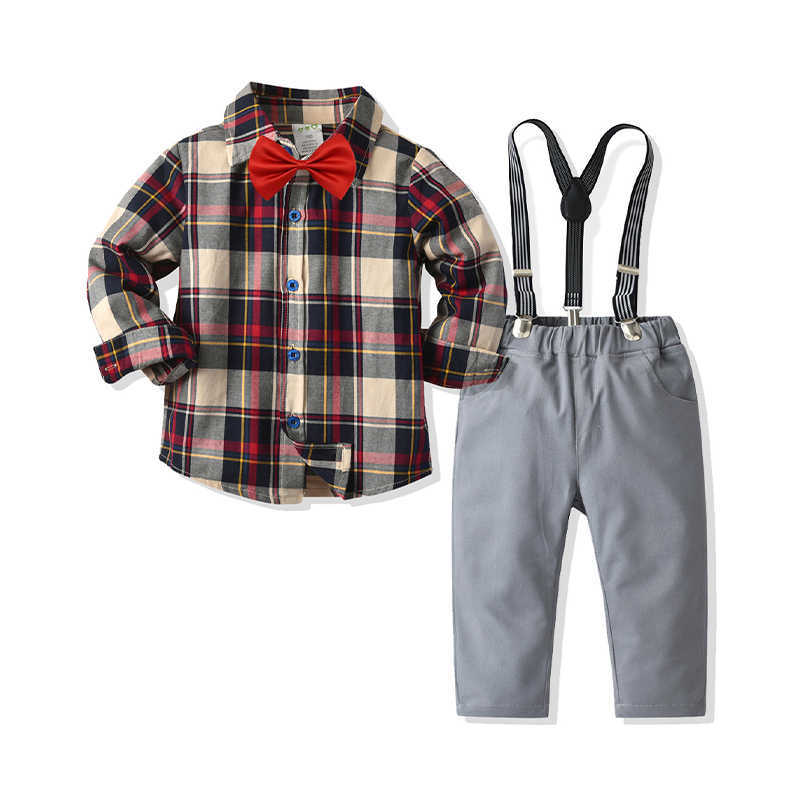 2 Pieces Set Kid Boys Checked Bow Shirts And Solid Color Pants Wholesale 211109369