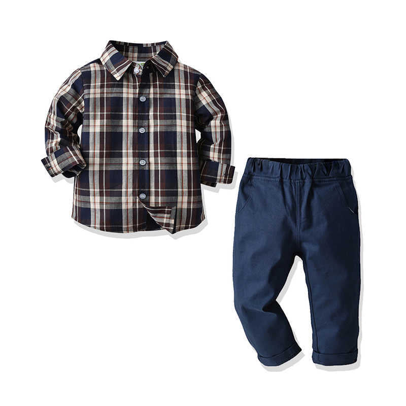 2 Pieces Set Baby Kid Boys Checked Shirts And Solid Color Pants Wholesale 211109372