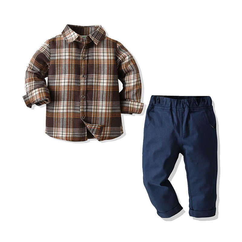 2 Pieces Set Kid Boys Checked Shirts And Solid Color Pants Wholesale 211109374