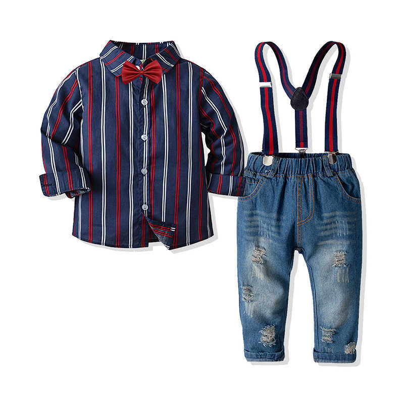 2 Pieces Set Kid Boys Striped Shirts And Solid Color Ripped Jeans Wholesale 211109378