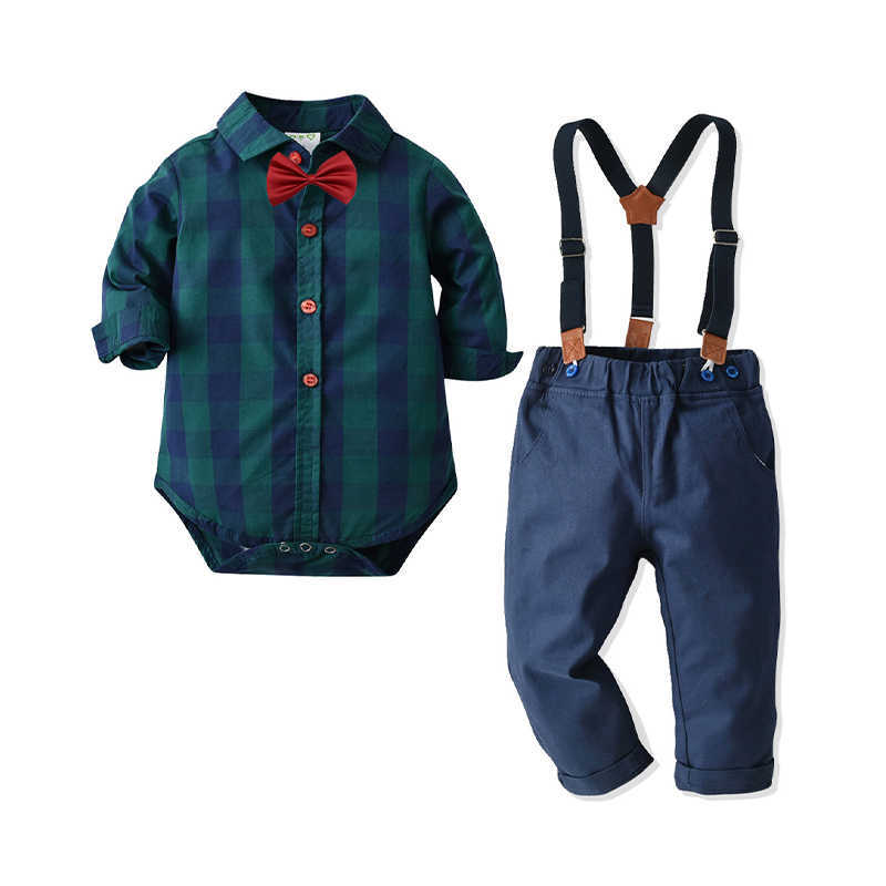 2 Pieces Set Baby Kid Boys Checked Bow Shirts And Solid Color Pants Wholesale 211109381