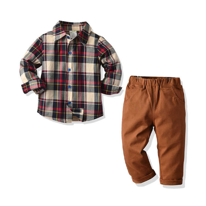 2 Pieces Set Baby Kid Boys Checked Print Shirts And Solid Color Pants Wholesale 211109386