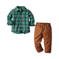 Load image into Gallery viewer, 2 Pieces Set Baby Kid Boys Solid Color Pants And Print Checked Shirts Wholesale 211109387
