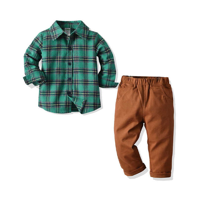 2 Pieces Set Baby Kid Boys Solid Color Pants And Print Checked Shirts Wholesale 211109387