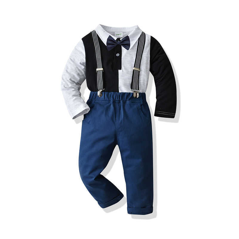 2 Pieces Set Baby Kid Boys Dressy Color-blocking Bow Shirts And Striped Suits Trousers Wholesale 211109389
