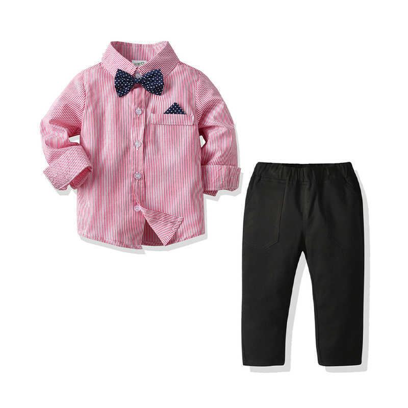 2 Pieces Set Baby Kid Boys Dressy Striped Polka dots Bow Shirts And Suits Trousers Wholesale 211109392