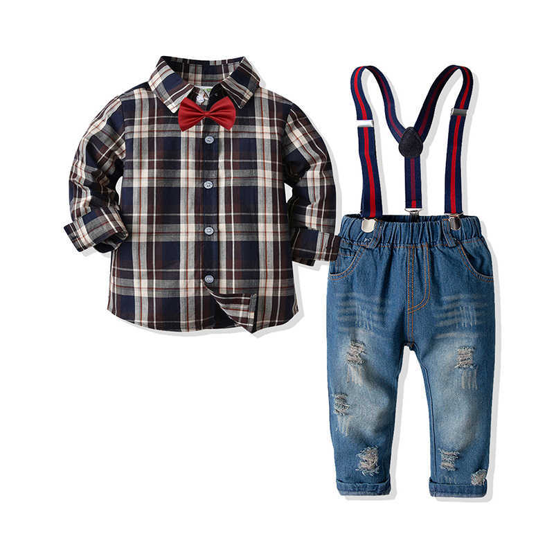 2 Pieces Set Baby Kid Boys Checked Bow Shirts And Ripped Jeans Wholesale 211109394