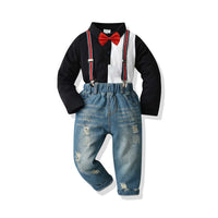 Load image into Gallery viewer, 2 Pieces Set Baby Kid Boys Color-blocking Bow Polo Shirts And Ripped Jeans Wholesale 211109399
