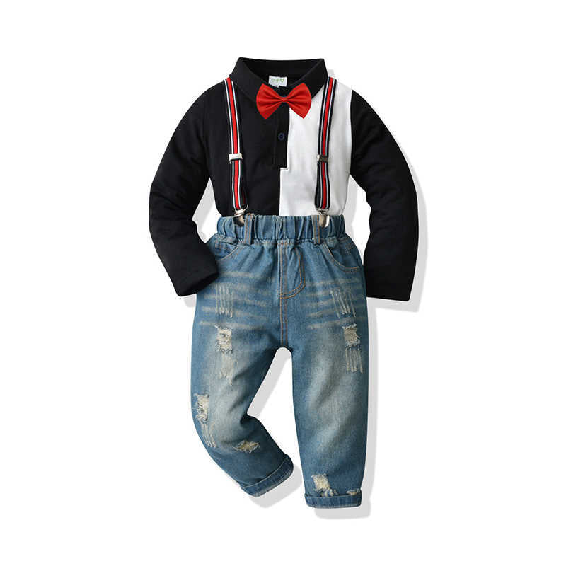 2 Pieces Set Baby Kid Boys Color-blocking Bow Polo Shirts And Ripped Jeans Wholesale 211109399
