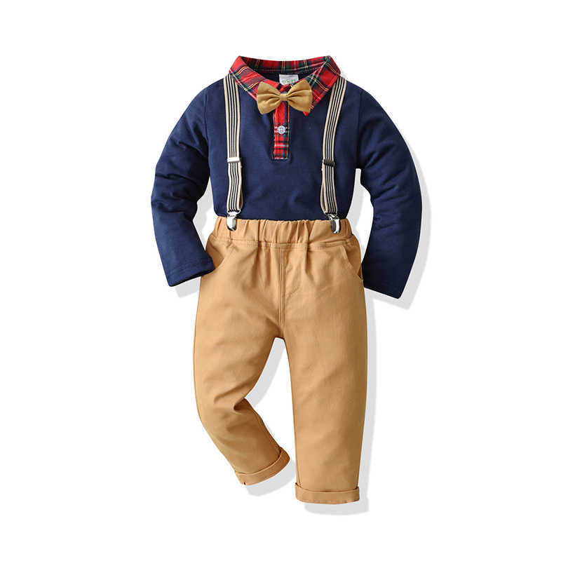 2 Pieces Set Baby Kid Boys Dressy Solid Color Bow Polo Shirts And Striped Suits Trousers Wholesale 211109400