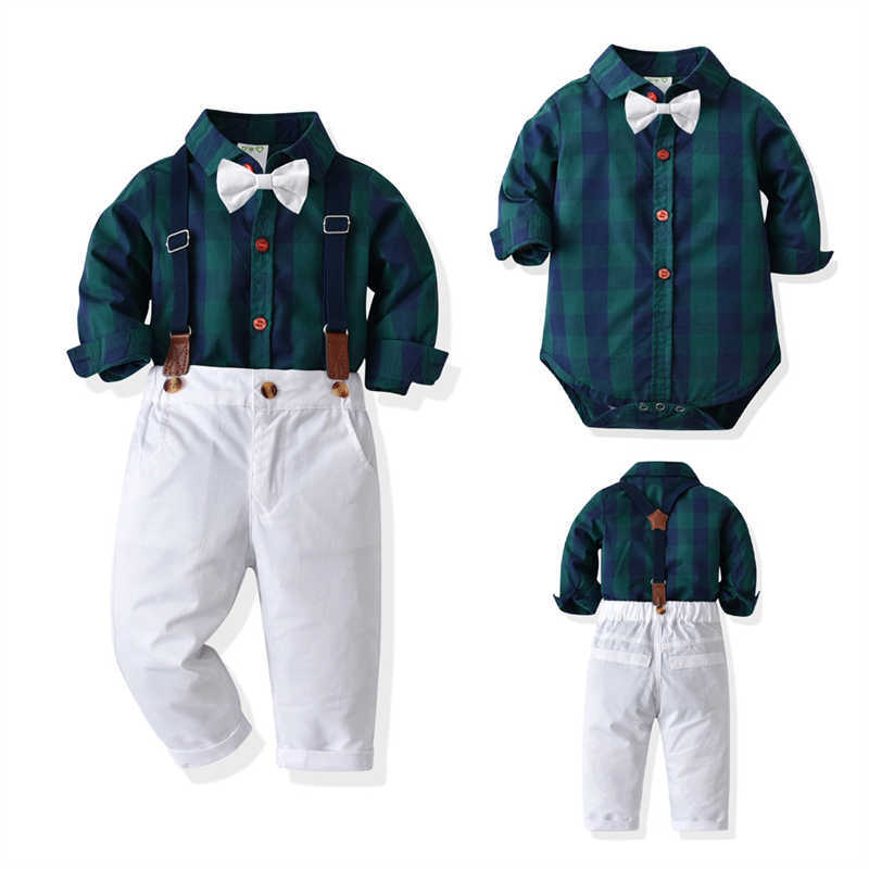 2 Pieces Set Baby Kid Boys Dressy Checked Bow Rompers And Suits Trousers Wholesale 211109401