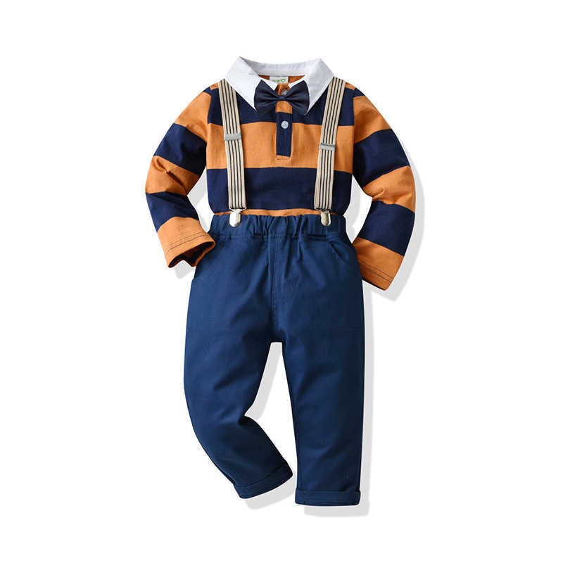 2 Pieces Set Baby Kid Boys Dressy Color-blocking Bow Polo Shirts And Striped Pants Wholesale 211109405