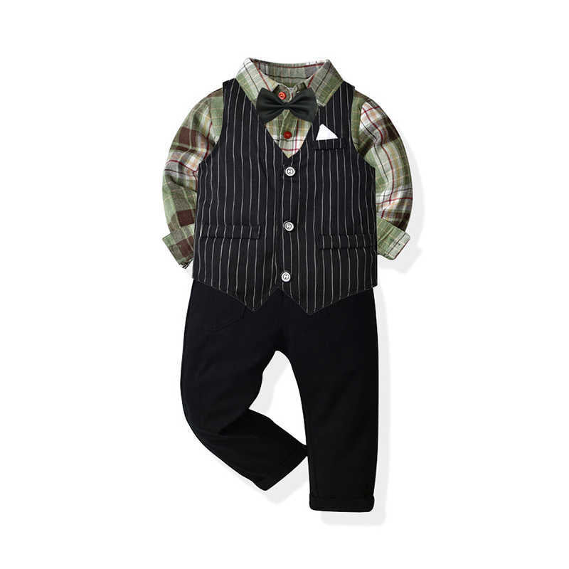 3 Pieces Set Baby Kid Boys Dressy Striped Vests Waistcoats Checked Bow Shirts And Suits Trousers Wholesale 211109406