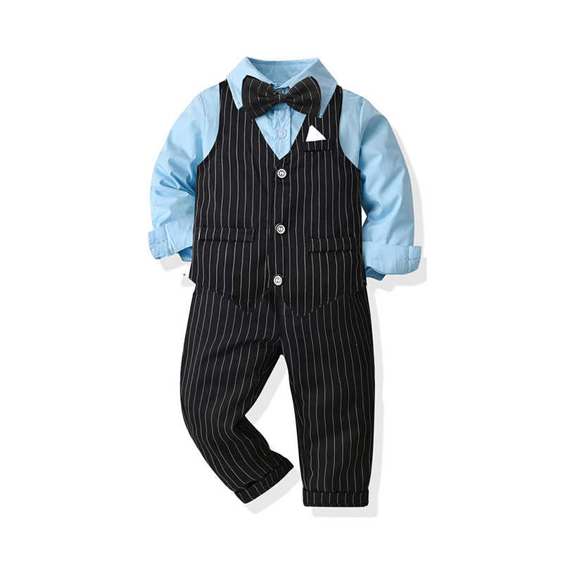3 Pieces Set Baby Kid Boys Dressy Striped Vests Waistcoats Solid Color Bow Shirts And Suits Trousers Wholesale 211109418