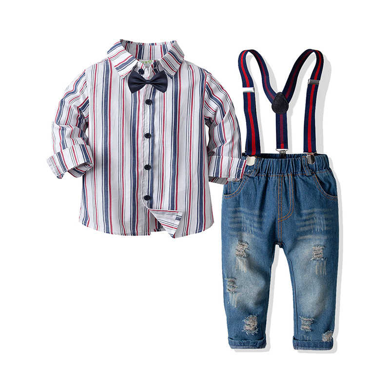 2 Pieces Set Baby Kid Boys Striped Bow Shirts And Ripped Jeans Wholesale 211109424