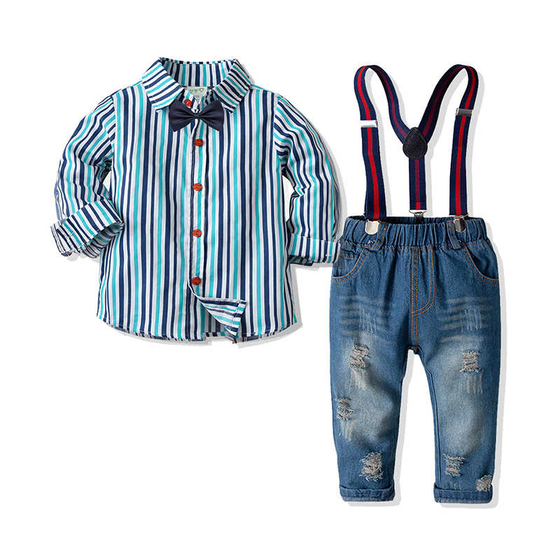 2 Pieces Set Baby Kid Boys Striped Bow Shirts And Ripped Jeans Wholesale 211109429
