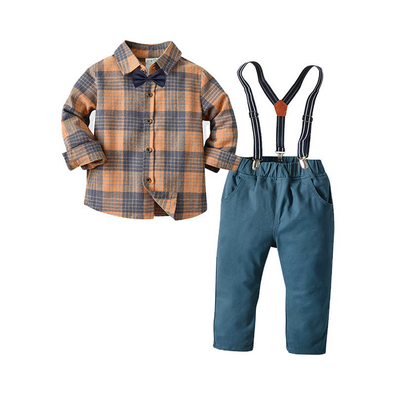 2 Pieces Set Baby Kid Boys Dressy Checked Bow Shirts And Suits Trousers Wholesale 211109432