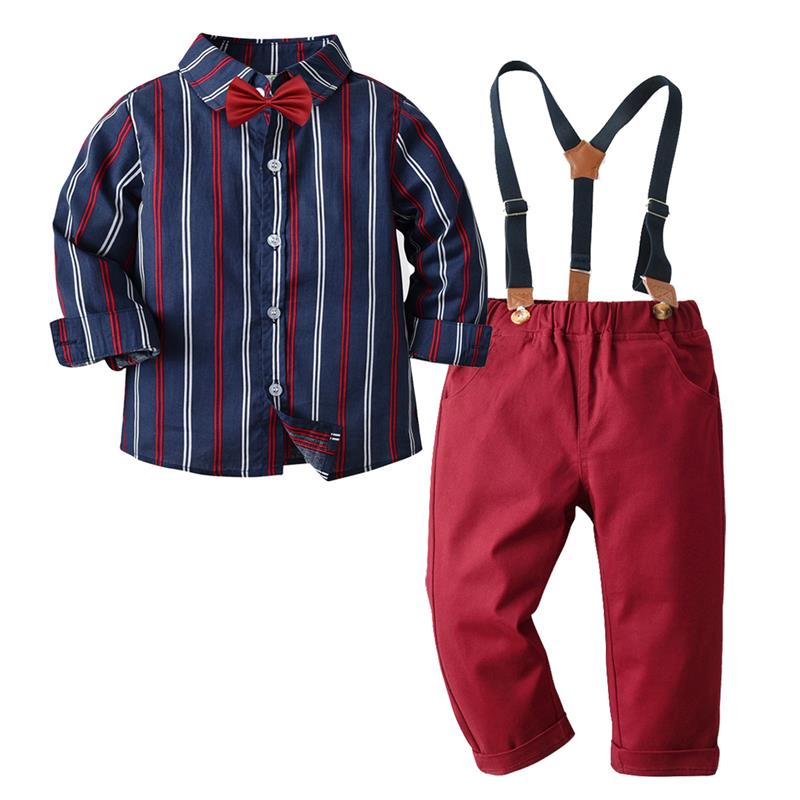 2 Pieces Set Baby Kid Boys Dressy Striped Bow Shirts And Pants Suits Wholesale 211109436