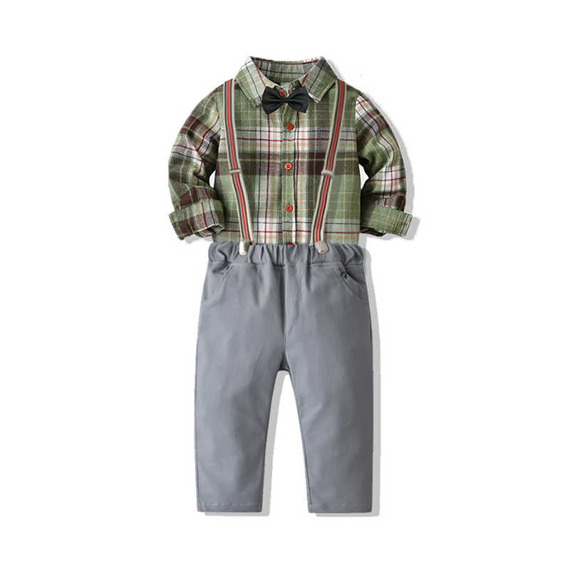 2 Pieces Set Baby Kid Boys Dressy Checked Bow Shirts And Pants Suits Wholesale 211109437