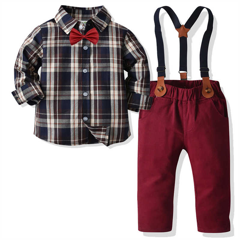 2 Pieces Set Baby Kid Boys Checked Bow Shirts And Pants Suits Wholesale 211109438