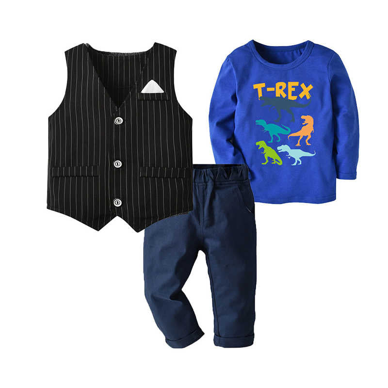 3 Pieces Set Baby Kid Boys Letters Dinosaur Print Tops Striped Vests Waistcoats And Pants Wholesale 211109439