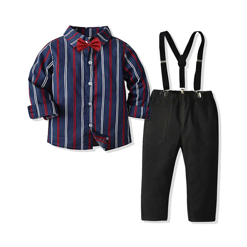2 Pieces Set Baby Kid Boys Birthday Party Striped Bow Shirts And Solid Color Jumpsuits Wholesale 211109440