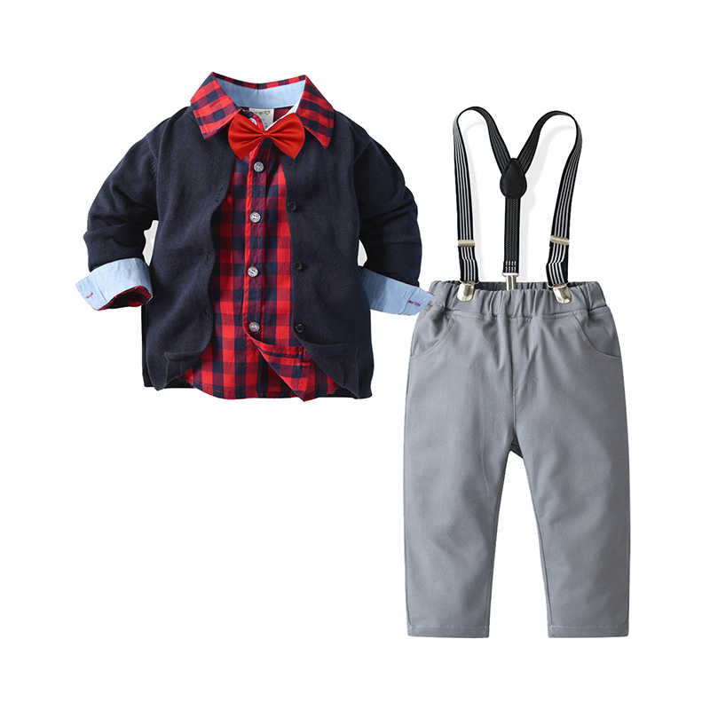 3 Pieces Set Baby Kid Boys Birthday Party Crochet Cardigan Checked Bow Shirts And Solid Color Jumpsuits Wholesale 211109441