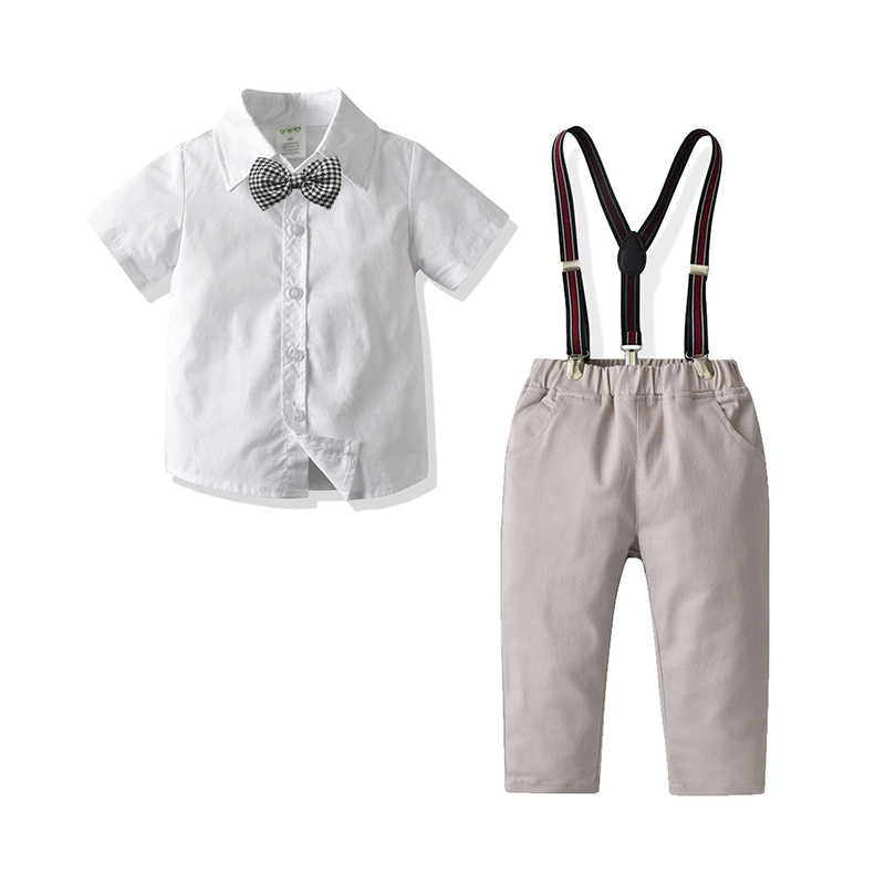 2 Pieces Set Baby Kid Boys Birthday Party Checked Bow Shirts And Solid Color Jumpsuits Wholesale 211109444