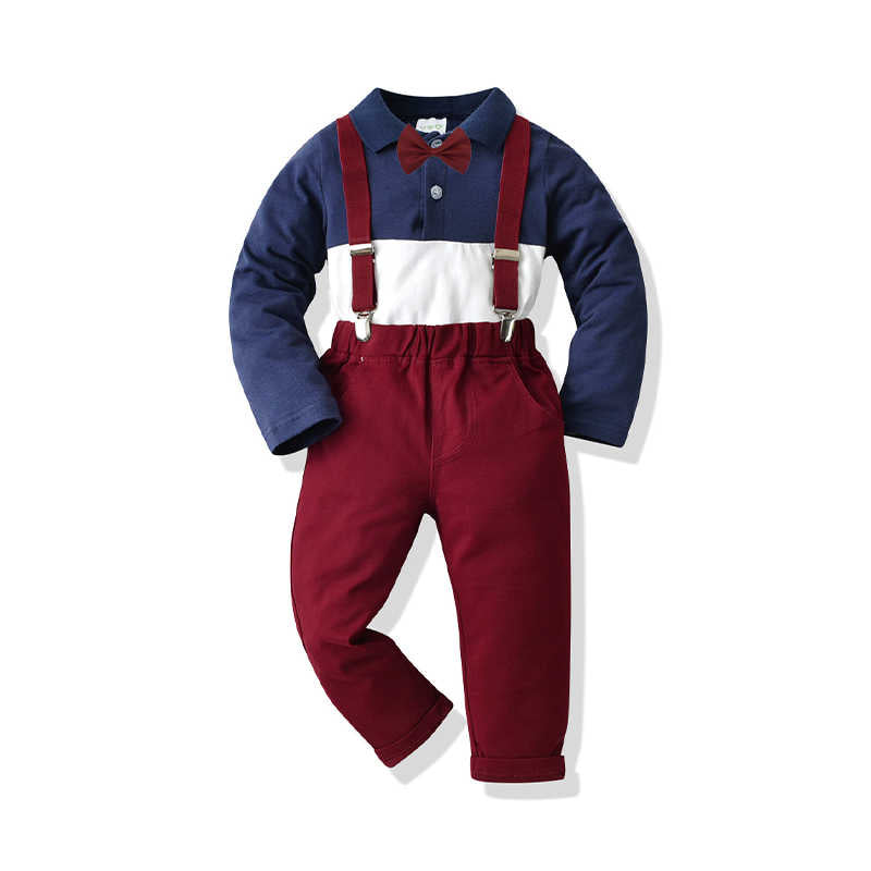 2 Pieces Set Baby Kid Boys Birthday Party Color-blocking Bow Shirts And Solid Color Pants Wholesale 211109446