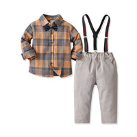 Load image into Gallery viewer, 2 Pieces Set Baby Kid Boys Birthday Party Checked Bow Shirts And Solid Color Jumpsuits Wholesale 211109449
