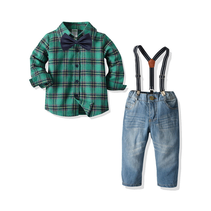 2 Pieces Set Baby Kid Boys Birthday Party Checked Bow Shirts And Solid Color Jumpsuits Wholesale 21110945