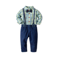 Load image into Gallery viewer, 2 Pieces Set Baby Kid Boys Birthday Party Checked Bow Shirts And Solid Color Jumpsuits Wholesale 211109451
