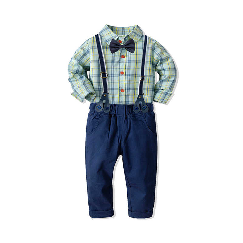 2 Pieces Set Baby Kid Boys Birthday Party Checked Bow Shirts And Solid Color Jumpsuits Wholesale 211109451
