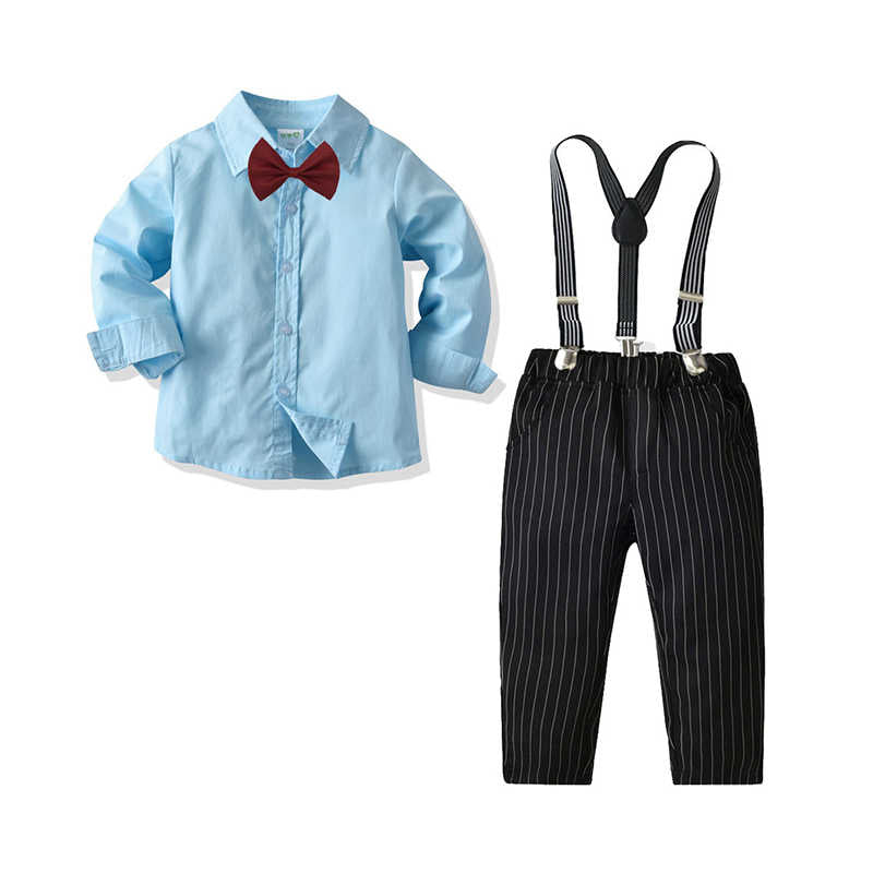 2 Pieces Set Baby Kid Boys Birthday Party Solid Color Bow Shirts And Striped Jumpsuits Wholesale 211109452