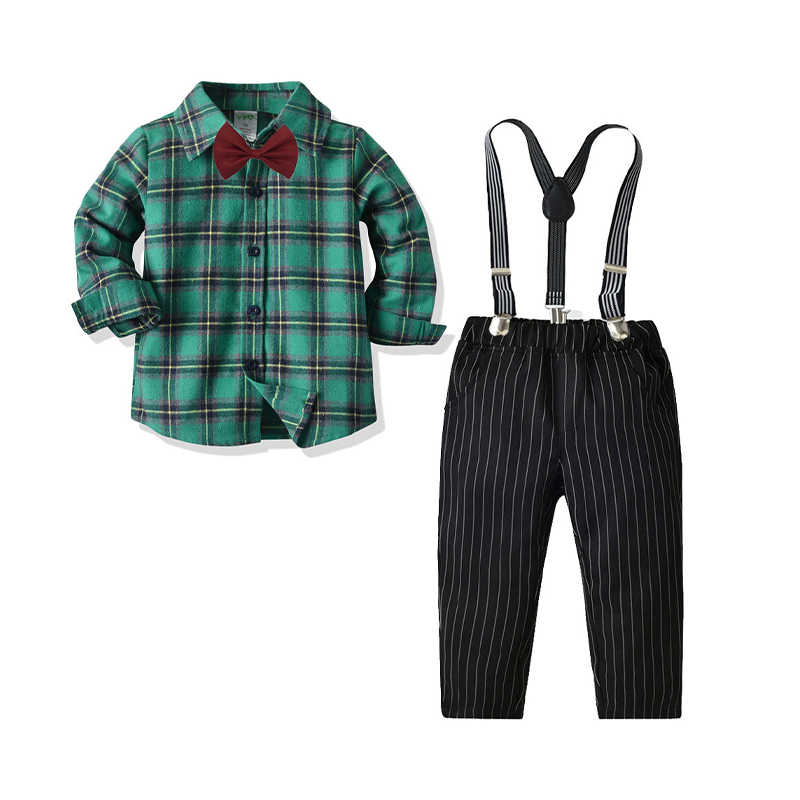 2 Pieces Set Baby Kid Boys Birthday Party Checked Bow Shirts And Striped Jumpsuits Wholesale 211109453
