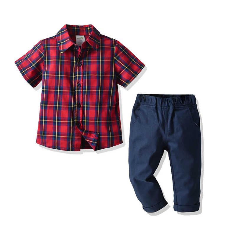 2 Pieces Set Baby Kid Boys Birthday Party Checked Shirts And Solid Color Pants Wholesale 211109456