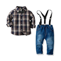 Load image into Gallery viewer, 2 Pieces Set Baby Kid Boys Birthday Party Checked Bow Shirts And Solid Color Jumpsuits Wholesale 211109457
