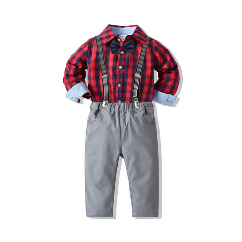 2 Pieces Set Baby Kid Boys Birthday Party Checked Bow Shirts And Solid Color Jumpsuits Wholesale 211109458