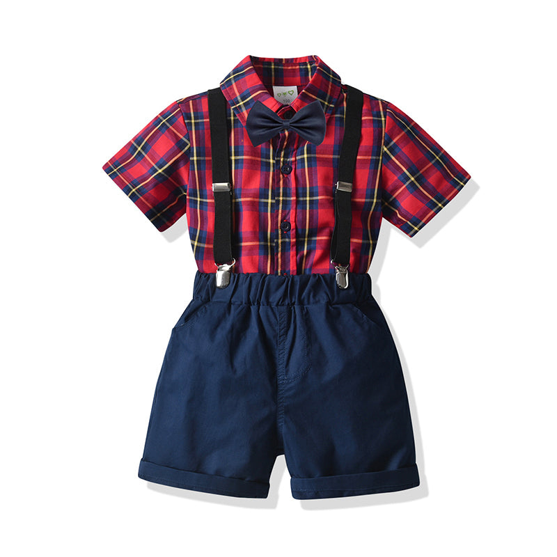 2 Pieces Set Baby Kid Boys Birthday Party Checked Bow Shirts And Solid Color Rompers Wholesale 21110946