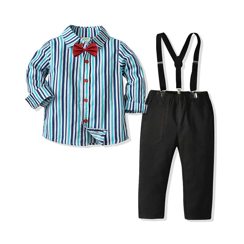 2 Pieces Set Baby Kid Boys Birthday Party Striped Bow Shirts And Solid Color Jumpsuits Wholesale 211109460