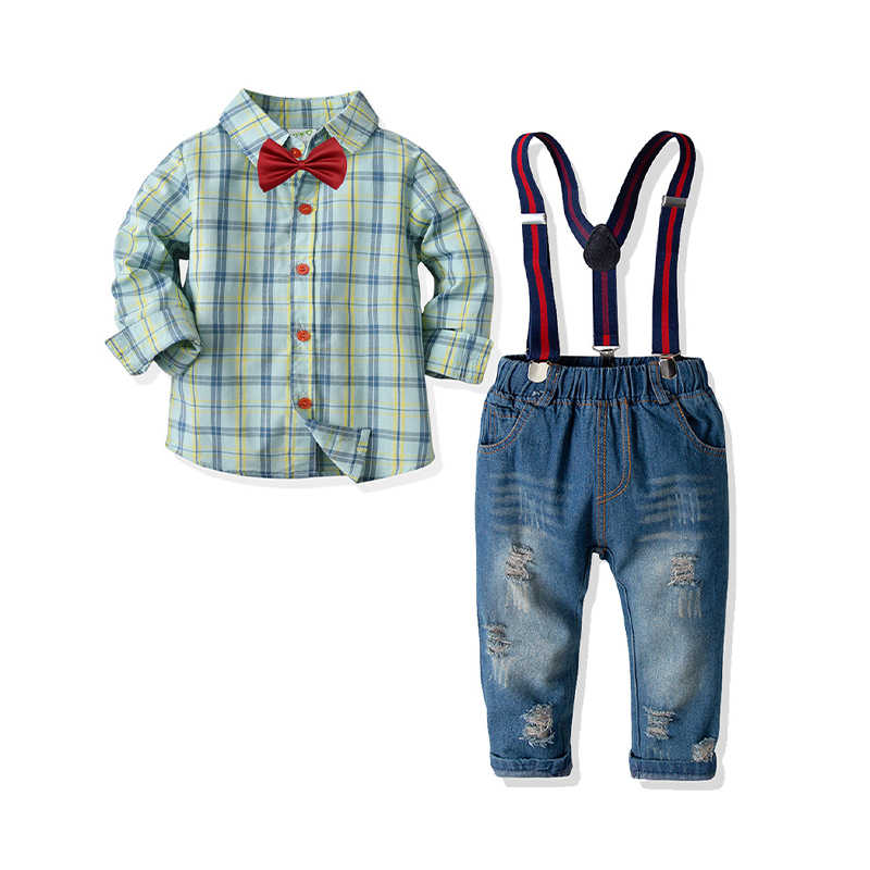 2 Pieces Set Baby Kid Boys Dressy Checked Shirts And Solid Color Pants Jumpsuits Wholesale 211109461