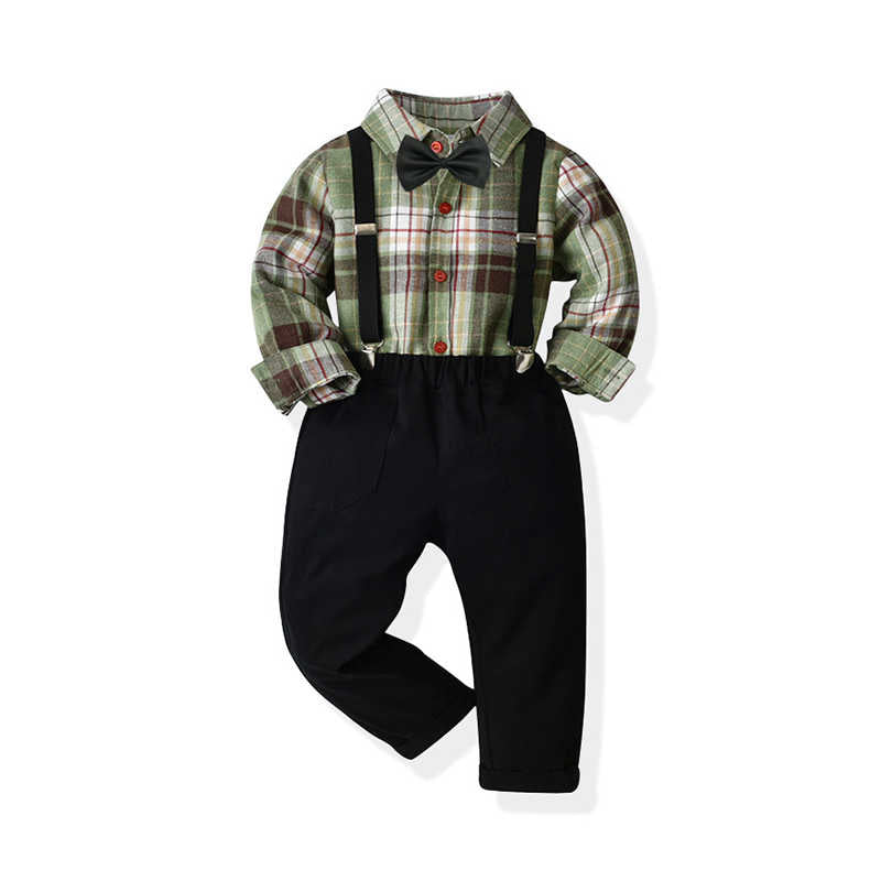 2 Pieces Set Baby Kid Boys Dressy Checked Shirts And Solid Color Pants Jumpsuits Wholesale 211109462