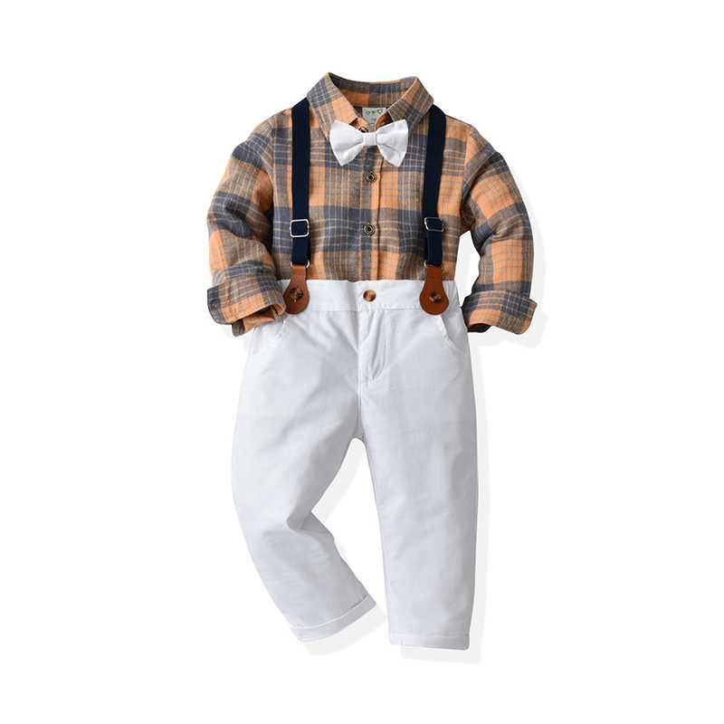 2 Pieces Set Baby Kid Boys Checked Shirts And Solid Color Jumpsuits Wholesale 211109465