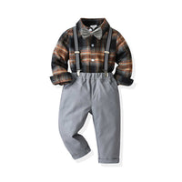 Load image into Gallery viewer, 2 Pieces Set Baby Kid Boys Checked Bow Shirts And Solid Color Jumpsuits Wholesale 211109467
