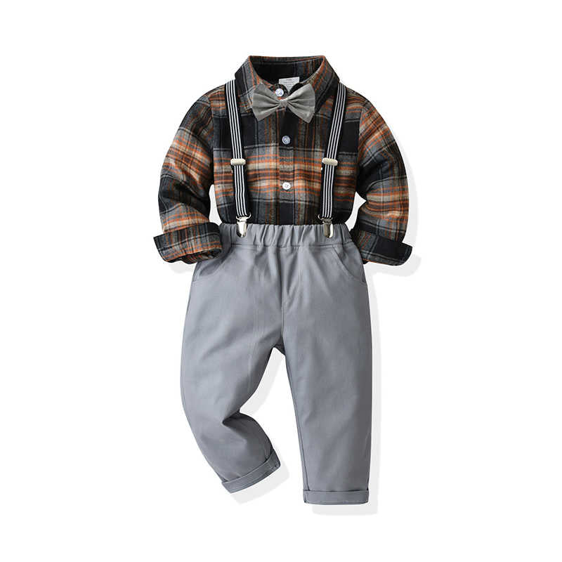 2 Pieces Set Baby Kid Boys Checked Bow Shirts And Solid Color Jumpsuits Wholesale 211109467